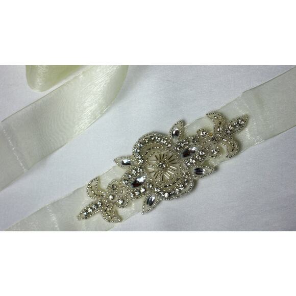 Ivory Organza Rhinestone Beaded Bridal Party Formal Prom Gown Dress Belt Sash - Picture 2 of 4